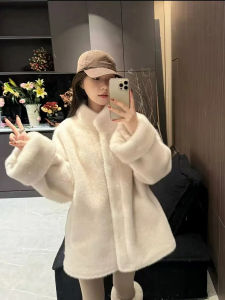 Thickened Long Mid-Length Winter Coat Korean Style Fur Outerwear Stand Collar Sleeve Roll-Up Eco-Friendly Faux Fur Womens Jacket