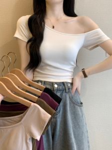 Summer Design Sensual Shoulder Bared T Shirt Womens Asymmetrical Cute Style Cotton Short Sleeve Short Length Top Trendy