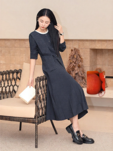 Autumn French Merino Wool Blend Color-blocked Faux Two-piece Dress