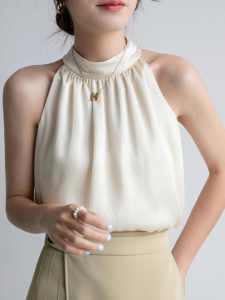 Alisa.Sonya Womens White Spring and Summer French Small Suspender Sleeveless Top French Halter Vest Womens Shoulder Cut Sleeve Hanging Neck Style Top