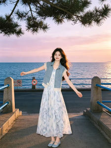 YINGKETUO | French Lace Denim Vest Flower Print Strap Dress Set For Summer Beach