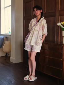 Japanese Retro Lazy Style Loose Kimono Pajamas with Chest Pads for Womens Summer Cotton Lace Up Casual Home Wear Female Girls Sweet Cute Sleepwear Two Piece Set