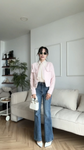 Áo khoác Tweed cao cấp GYOMADE® màu hồng Pastel phủ kim tuyến may 2 lớp có mút đệm vai nút đồng không gỉ | GA088