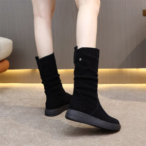 Thick Sole Non Slip Frosted Boots Womens Genuine Leather Winter Fleece-Lined Mid Boots Wedge Snow Boots Insulated Cotton-Padded Shoes Boots