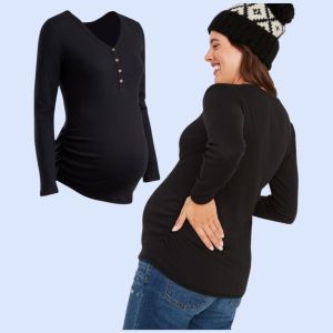 Baju Hamil ONT027 ODN Maternity Fitted Longsleeve Ribknit Vneck Henley Top Branded