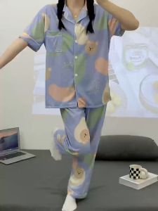 Y&L Fashion #B003 2024 New Womens Pajama Set Lightweight Polyester Stylish Floral Design Short Sleeve Long Pants Loungewear Great Value