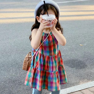 Summer New Childrens Beach Dress Baby Vest Skirt Colorful Plaid Strap Cotton Korean Style A-Line Skirt for Girls