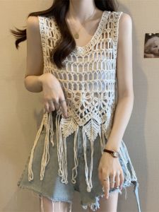 Plus Size Womens Summer New Design Sense All-Matching Outer Wear Woven Hollowed Tassel Sleeveless Vest Camisole Tops Women