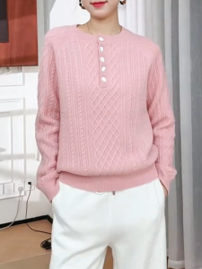QINGNAER | French Elegant Plus Size Half Button Knitted Sweater Pink