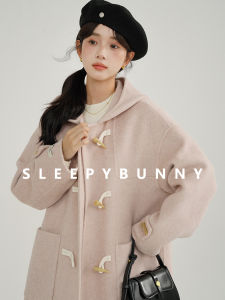 Double-faced Pink Hooded Short Horn Button Womens Wool Coat
