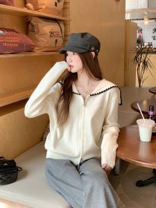 Double Zipper Long Sleeve Knitted Open Cardigan Womens Loose Slimming Navy Collar Sweater Outerwear Soft Comfortable Commute Style