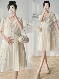 Váy Bầu Cua Cỡ Lớn Thêu Ngọt Ngào Thời Trang Mùa Hè Cho Phụ Nữ Mang Thai Dáng Chữ a Tay Ngắn Váy Cotton Dài Vừa Phải