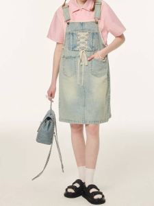 Retro Vintage Denim Overalls Set Women Loose A-Line Mini Skirt Summer Cotton Polyester Regenerated Cellulose Fiber Princess Style High Waist Pocket Design Sleeveless Dress