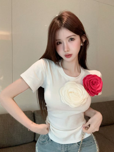 White Short Sleeve T-shirt for Women BM Hot Girl Curvy Body Shape Unique Design Summer Crewneck Work Clothing