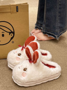 น่ารัก ผีเสื้อกระต่าย ผ้าฝ้าย รองเท้าแตะผู้หญิง ฤดูหนาว รองเท้าบ้านในร่ม Plush อุ่น กันลื่น รองเท้าแตะคลุมนิ้วเท้า