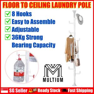Floor to Ceiling Drying Pole  Adjustable Standing Laundry Tension Rod with 8 Hooks Multi-functional Drying Stand for Drying or Hanging Scarfs Hats Caps Towels Clothes Blouses Bags and Coats Suitable in Bedroom Balcony Living Room and Bathroom