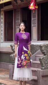 {HCM}Áo dài cách tân AD162a tà lỡ in mai hạt phối chân váy lưới dễ thương- Khánh Linh Style