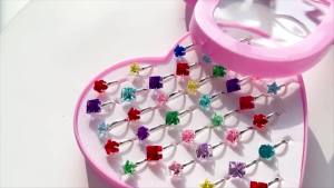 Little Girl Jewel Rings Adjustable Pink Rings Girls Kids Pretend Play and Dress up Jewelry Set Cute Rings with Display Case Party Favors Toys Gifts