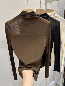 LUOSHAO | Double Layer Mesh Splice Stand Collar Slim Fit Long Sleeve T-Shirt