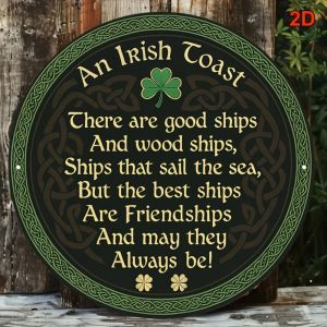 Irish Blessing Celtic Knot Shamrock Round Aluminum Sign Vintage Gold Green 2D Flat Wall Art 7.87 Inch