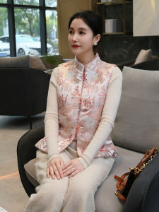 Retro New Chinese Style Womens Vest Autumn Winter Loose Cotton Embroidery Button up Outerwear Top Nylon Material