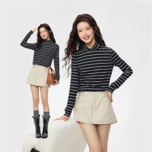 Giordano High Collar Pure Cotton Slim Fit Striped Long Sleeve T-Shirt Womens Autumn Winter New Style Base Shirt Casual Wear