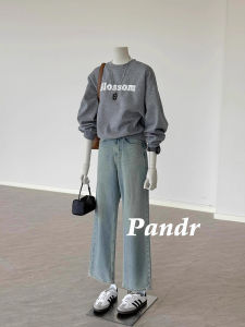 American Style High Waist Light Blue Straight Leg Jeans Womens Loose Wide Leg Pants Autumn Season Versatile Slimming Effect