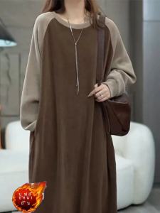 plus Size Womens Fleece Lined Thickened Spring Autumn Winter Casual Dresses Long Sleeve round Neck H-Shape Midi Dress