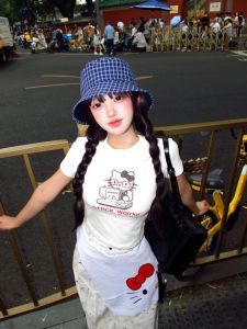 White Kitty Cat Print Short Sleeve round Neck Cotton T-Shirt Womens Summer New Style American Hot Girl Pure Cotton Top