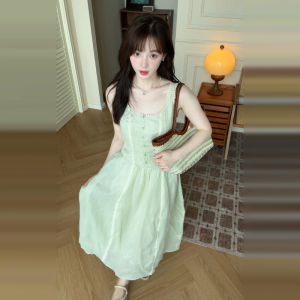 Karrar betsey | Elegant Mint Green French-Style Summer Dress Waist-Shaping Halter Dress