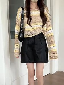 🔥Fran🔥 blouses women new style 2025: Sweet Spicy Style Knitted Smock Patchwork Long Sleeved Smock Contrasting Color Hollow-out Top