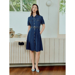 Fashion Retro Turn-Down Collar Cotton Feeling Belted Denim Dress