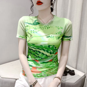 Yimei Áo thun nữ dáng rộng mỏng và xinh đẹp Áo phông in hình cổ tròn tay ngắn áo lưới hoa Định vị thời trang mùa hè 2023 cho nữ