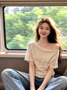 CHOEFULYN | French Floral Lace Openwork Side Neck One-Shoulder Summer Stylish Tee