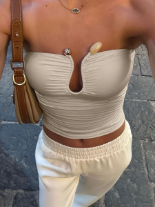 Womens Summer Solid Color Top with Fitted Waistband Pockets and U-Shaped Zipper Featuring Waterdrop Cutout Design for an Ele