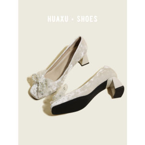 Wedding Shoes Pearl Embellished High Heels for Bride Womens Fashion Single Shoes Spring New Chinese Style Cheongsam Shoe