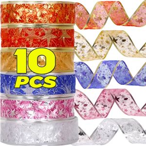 10PCS Glitter Ribbon Ornaments DIY Christmas Tree Gift Bouquet Wrapping Bow Red Blue Star Printed Ribbon Home Party Decoration Supply