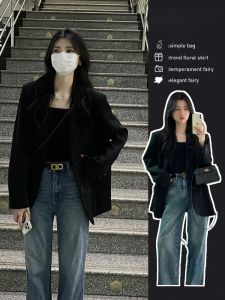 แจ็คเก็ตสูทสีดำ ทรงหลวม สำหรับผู้หญิง สไตล์เกาหลี ทรงหลวม ฤดูใบไม้ผลิ 2025 แจ็คเก็ตสูทแบบลำลองสำหรับผู้หญิง