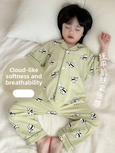 Miiow | Pure Cotton Childrens Sleepwear Short Sleeve Long Pants Breathable Boys Home Clothes Summer Casual Style Comfortable Sweatpants