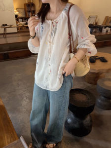 Large Size Embroidered Drawstring Shirt Womens Fashionable round Neck Slimming Top Korean Style Loose Fit Long Sleeve