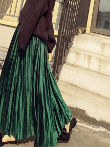 Velvet Long Skirt Womens Maxi A-Line High Waist Pleated Floor-Length Polyester Fiber Pure Color Spring Summer Autumn