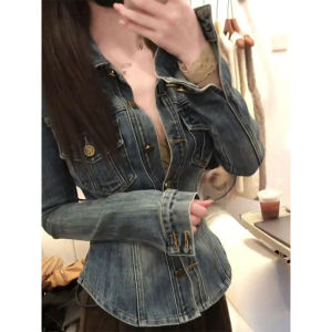 Retro Blue Slim Fit Polo Neck Denim Shirt Women Early Spring New High Waist Inming Thin Outerwear Top Commute Style Long Sleeve