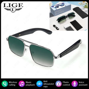 LIGE | LIGE Woman Man Glasses Metal Frame Polarized Lenses Hands-Free Calls Bluetooth Wireless Audio Smart Sunglasses for Android iOS