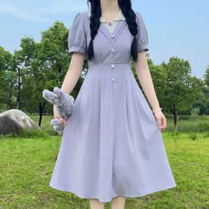 Summer New Purple Elegant Waist-Cinching Short Sleeve Dress French Style Princess Cut Gored Skirt Sweet Princess Bubble Sleeve