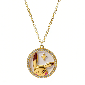 Cute Pikachu Round Pendant Necklace Anime Pokemon Crystal Rhinestone Border Gold Chain Necklaces Kawaii Cartoon Jewelry Gift