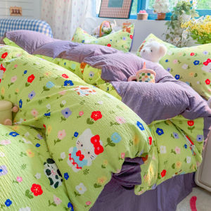 susan | Green Floral Print Puff Cotton Bedding Set 4-Piece