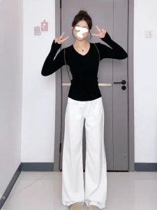 plus Size White Wide Leg Jeans Women Loose Fitting Straight Cut Pants Draping Floor-Length Trousers Autumn New Arrival