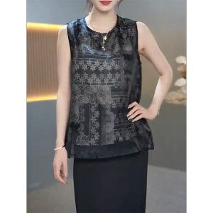 QINGNAER | Chinese Style Black Print Sleeveless Vest Large Size