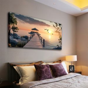 1 Piece Frameless Sunset Lake Boardwalk Gazebo Landscape Canvas Wall Art Painting Home Decor