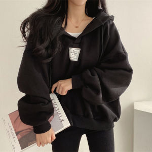 American Chic Lazy Hoodie Women Spring Autumn Thin Korean Loose Large Size Casual V-neck Top Coat Polyester Cotton Blend Long Sleeve